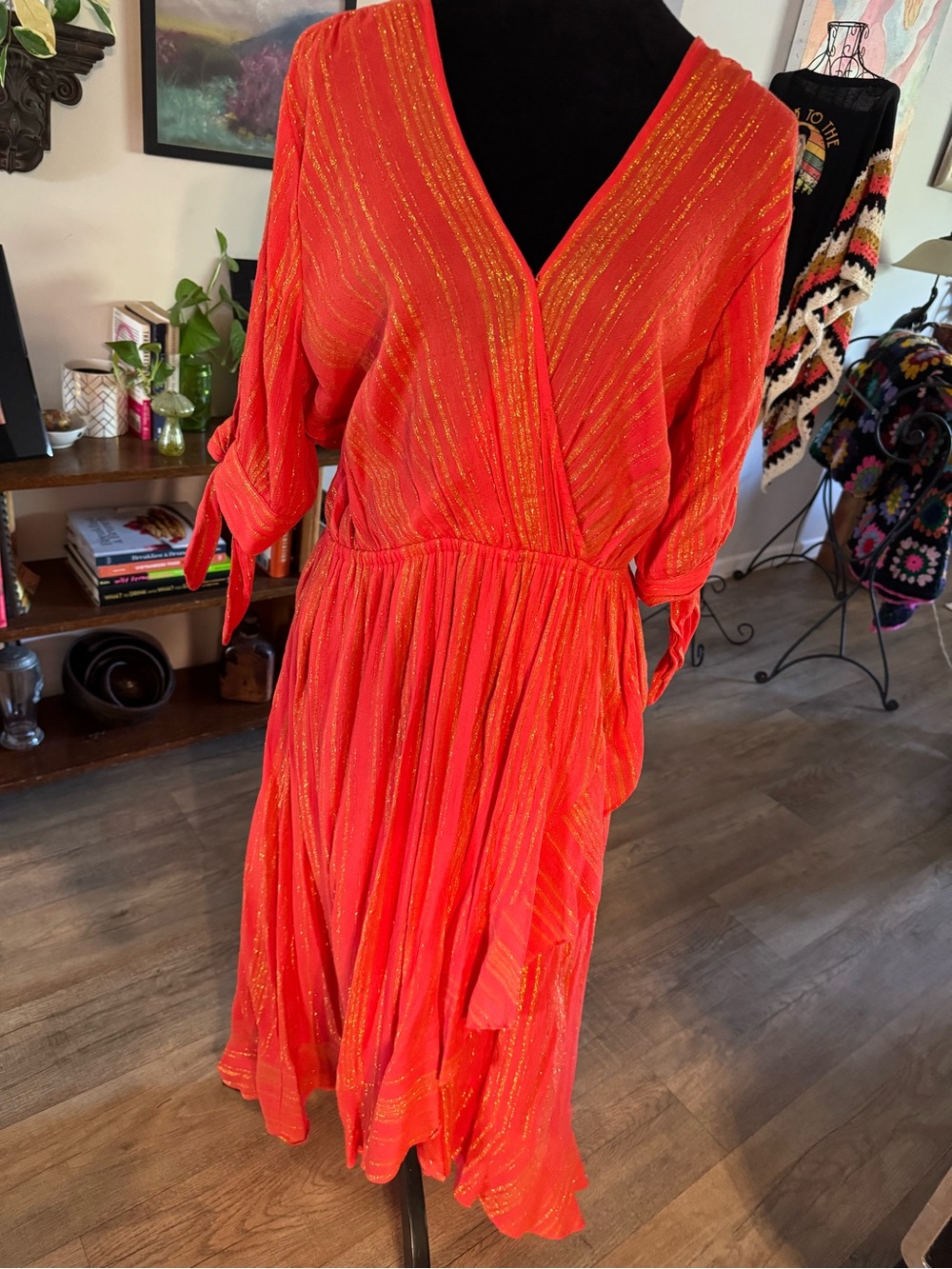 Michael Kors Orange Metallic-Striped Midi Wrap Dress